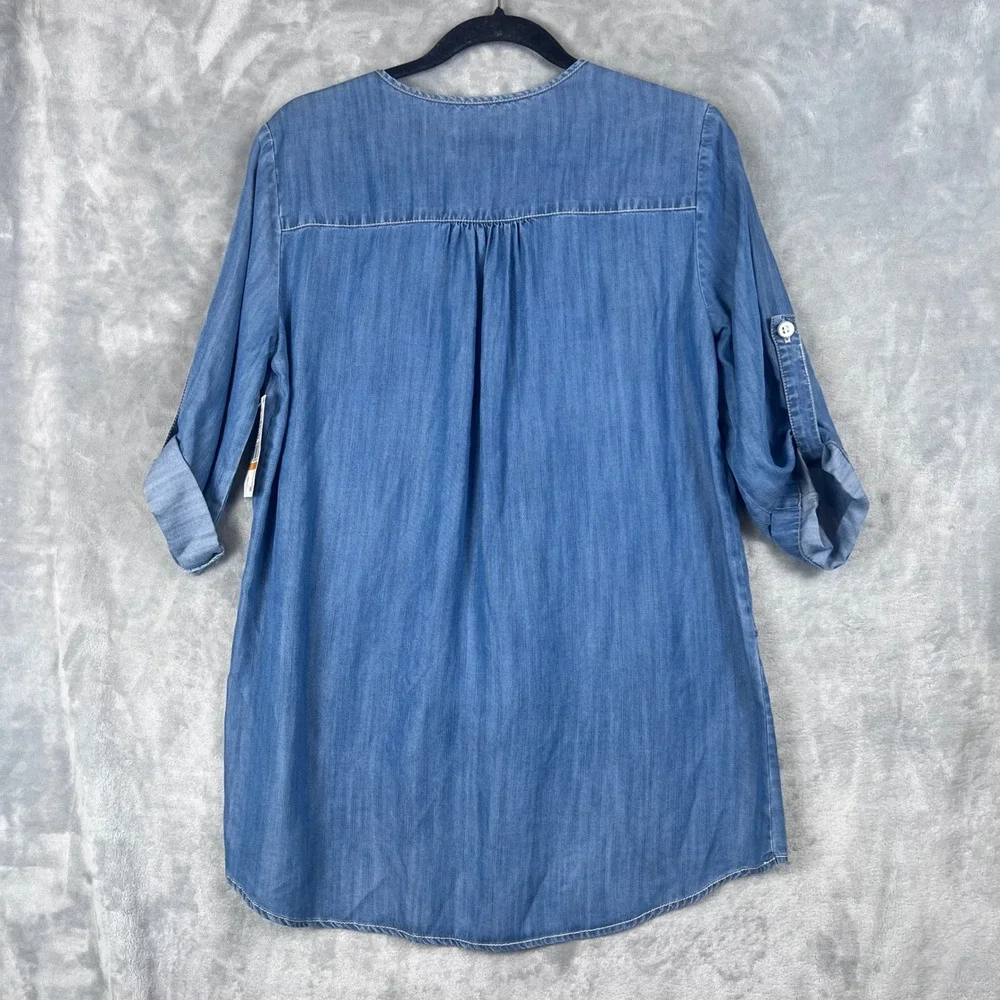 Karen Kane Women Top Lifestyle Chambray Wrap Blue Roll Tab Sleeve Small NWT
